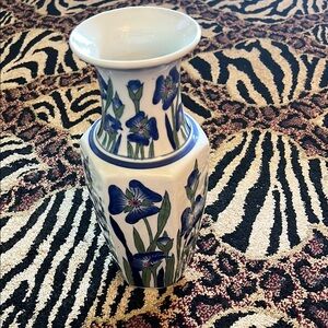 White Japanese 12”  Vase Blue & Green irises